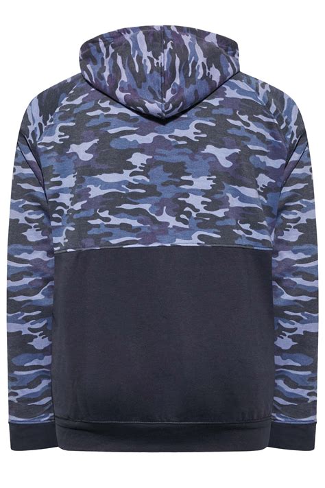 Kam Big And Tall Navy Blue Camo Colour Block Zip Through Hoodie Badrhino