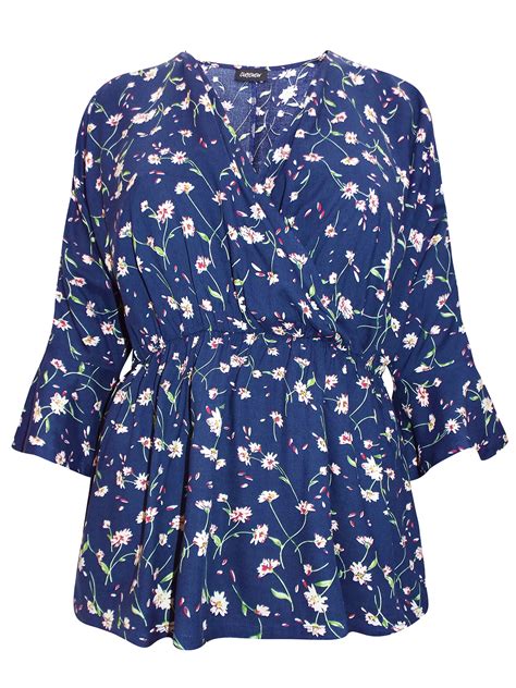 Curvewow Curvewow Navy Floral Print Frill Wrap Top Plus Size 16 To 3032