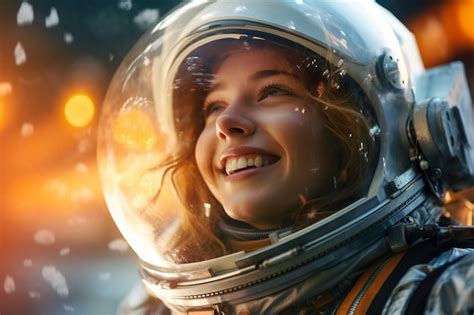 Premium Ai Image A Happy Astronaut Woman In Space Helmet And Space