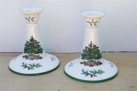 Pair Of Candlesticks Vintage Spode England Christmas Tree Pattern