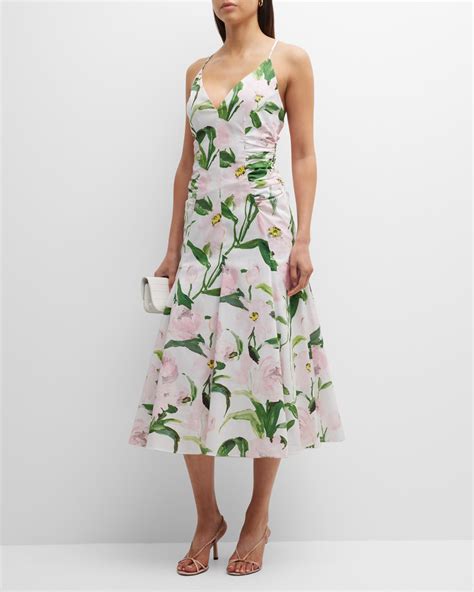 Carolina Herrera Floral Print Bustier Fit And Flare Midi Dress Neiman