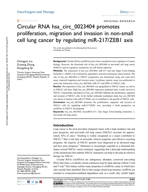 PDF Circular RNA Hsa Circ 0023404 Promotes Proliferation Migration