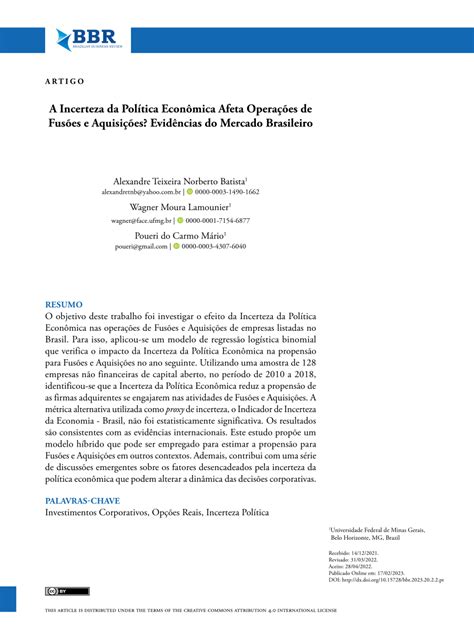 Pdf A Incerteza Da Pol Tica Econ Mica Afeta Opera Es De Fus Es E