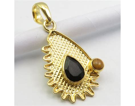 Gold Plated Black Onyx Tiger S Eye Pendant 1 5 Etsy