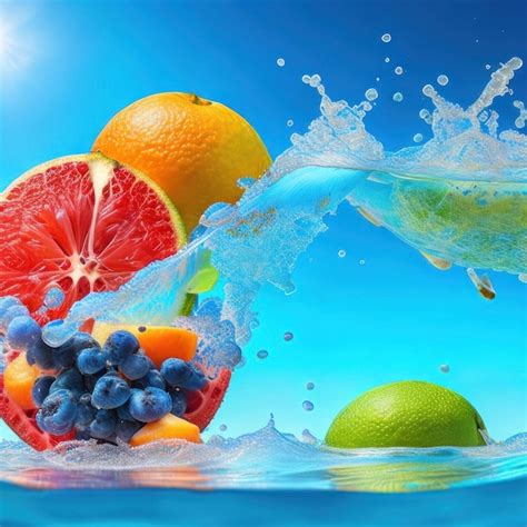 Un cielo azul está detrás de un racimo de frutas y un chorrito de agua