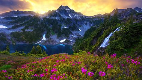 Landscape With Mountain And Lake Hills Paradise Beautiful Meadow