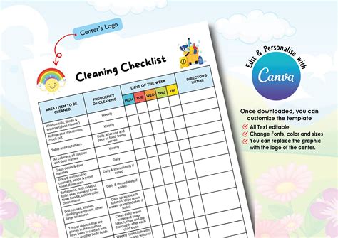 Daycare Cleaning Checklist Editable And Printable Cleaning Record Sheet