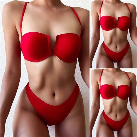 Cool Sommer Damen Split Rot Sexy V Ausschnitt Bügel Hardcover Bikini