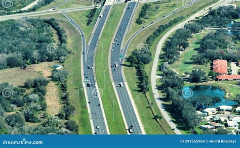 Aerial View Of Busy American Highway With Fast Moving Traffic