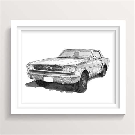 VINTAGE FORD MUSTANG Classic Muscle Car Pen and Ink Drawing, Art Print ...