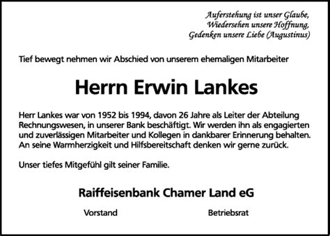 Traueranzeigen Von Erwin Lankes Mittelbayerische Trauer