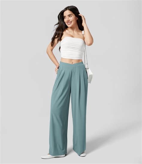 Womens Breezeful High Waisted V Shaped Plicated Side Pocket Wide Leg