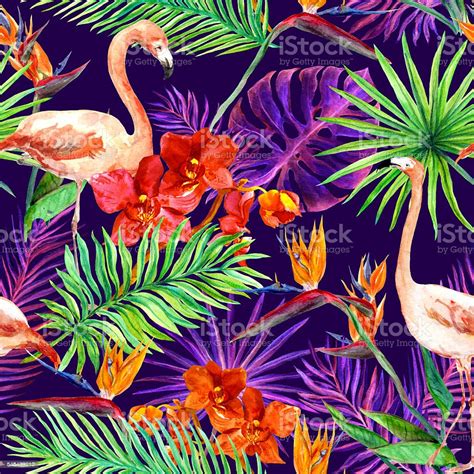 Tropical Exotic Leaves Orchid Flowers Neon Light Seamless Pattern