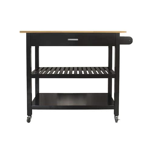 Minimalist Rolling Wood Top Black Kitchen Cart With Drawers And Tier