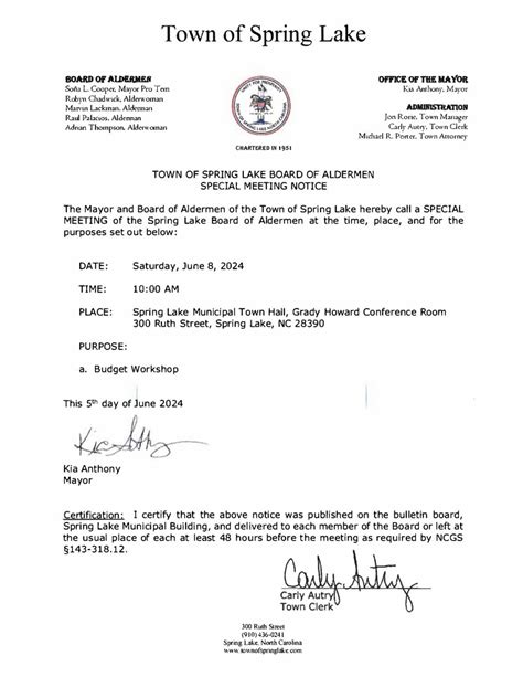 Board Of Aldermen Special Meeting Notice June Town Of