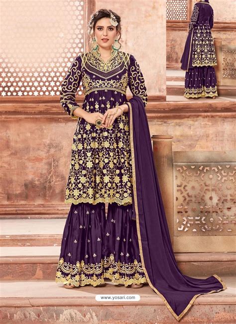 Buy Purple Satin Georgette Embroidered Sharara Salwar Suit Palazzo