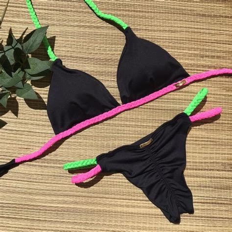 Biquini Tranca Dupla Preto Neon Art Sex Moda Ìntima Conjunto de