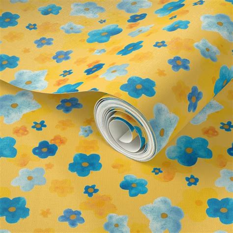 Blue Watercolor Flowers Wallpaper Spoonflower