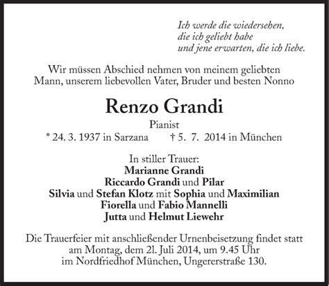 Traueranzeigen Von Renzo Grandi SZ Gedenken De