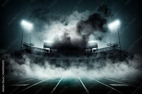 American Football Stadium Field With Smoke And Neon Background