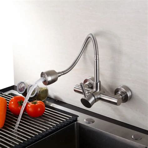 SUS 304 Stainless Steel Wall Mounted Kitchen Faucet Brushed NickleSpool Mixer Water Tap Hot And