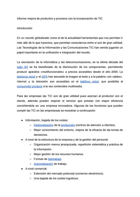 Informe Mejora De Productos Y Procesos Con La Incorporaci N De Tic