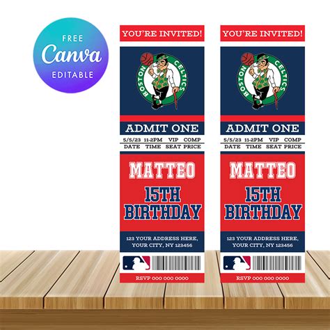 Boston Celtics Ticket Style Sports Birthday Invitations Canv Inspire