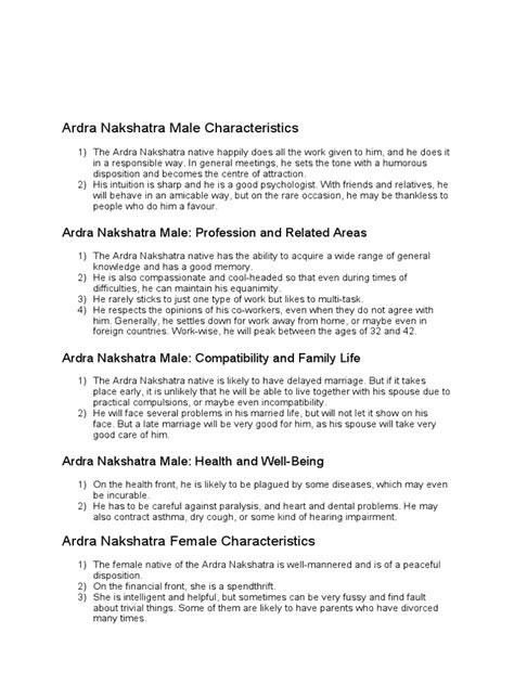 Ardra Nakshatra Male Female Characteristics Pdf Psychology Health