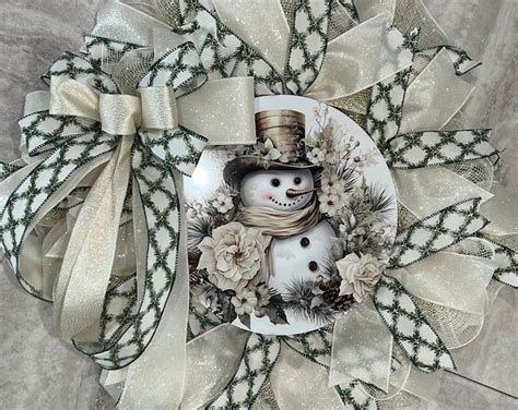 Snowman Winter Wreath For Front Door Gold And Green Wreath Snowman