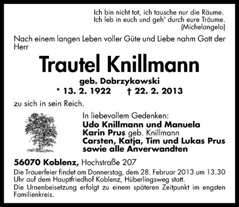 Traueranzeigen Von Traudel Knillmann Rz Trauer De