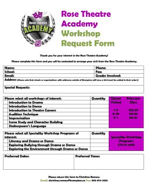 Fillable Online Brampton Rose Theatre Academy Workshop Request Form