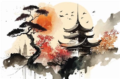Pintura Japonesa Ilustração Em Vetor De Arte Oriental Em Aquarela