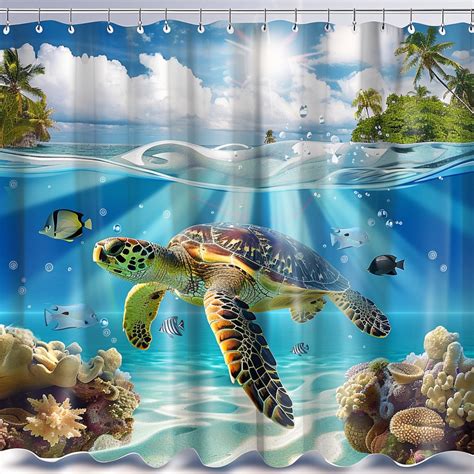 Ocean Paradise Turtle Shower Curtain Underwater Sea Life Design With