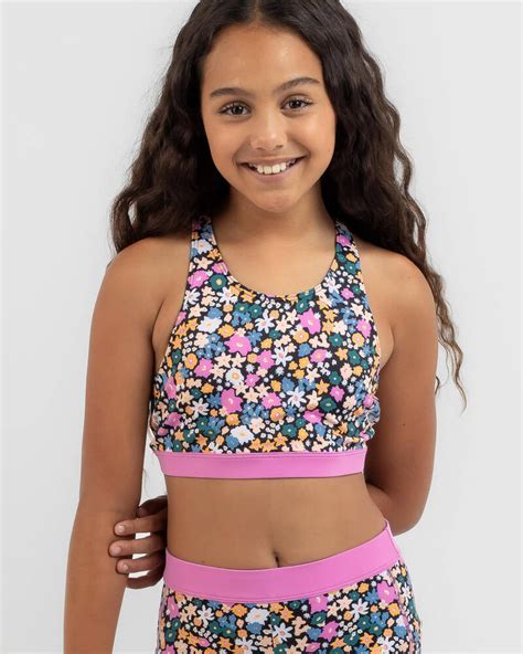 Shop Roxy Girls Active Joy Bralette Bikini Top In Anthracite Flower Power Fast Shipping