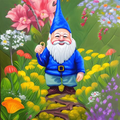 Oil Painting of a Gnome in a Garden of Bright · Creative Fabrica