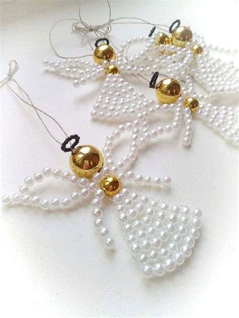 Three White And Gold Beaded Angel Ornaments