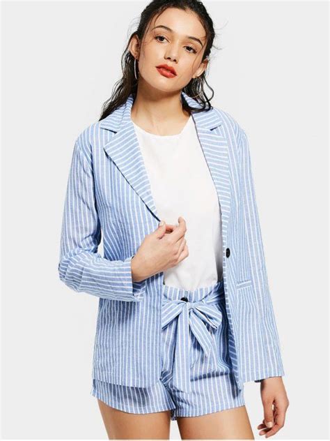 [35 Off] 2021 Striped Pockets Blazer And Belted Shorts Set In Stripe