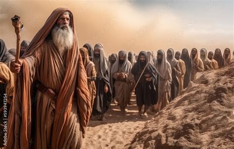 Illustration Of Moses With The People Of Israel In The Desert Crossing The Red Sea Generative Ai