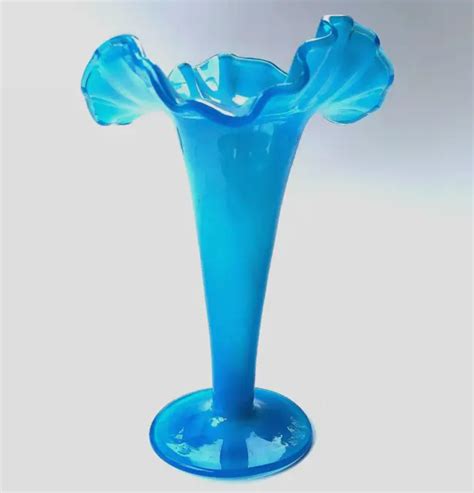 Art Nouveau Opaline Glass Vase Turquoise Blue Flared Ruffle Rim Antique