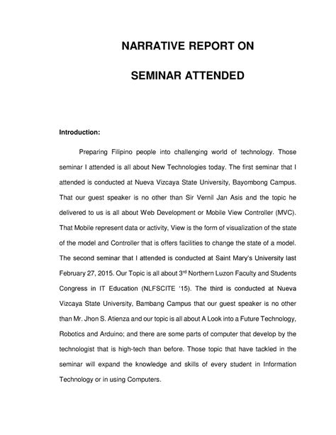 Narrative Report For Seminar Attended Narrative Report On Seminar The