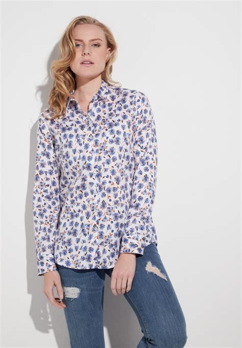 Eterna Modern Classic Langarm Bluse Wei Blau Floral Gemustert