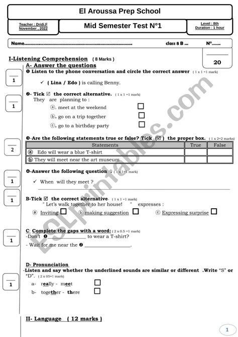 Midterm Test 1 8th Esl Worksheet By Fawzydridi