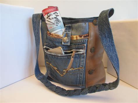 Upcycling Jeanstasche Mit Leder Und Geflochtenem Schultergurt Etsy