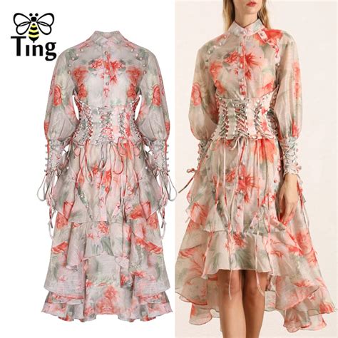 Tingfly Runway Fashion Design Midi Dress Women Luxury Crystal Button