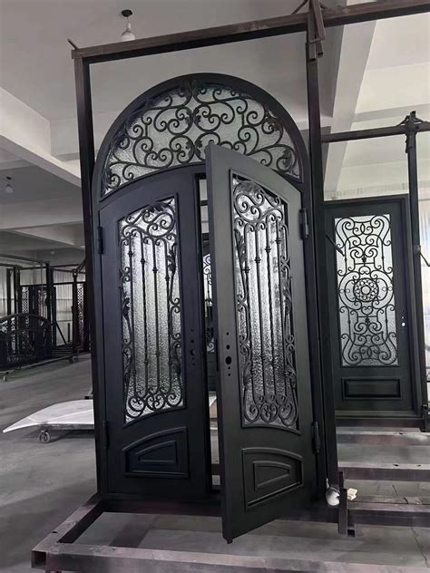 Double Wrought Iron Front Door With Arc Transom In Black Colorwrought Iron Door