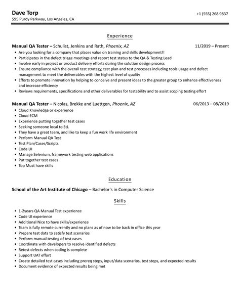 Manual QA Tester Resume Samples Velvet Jobs