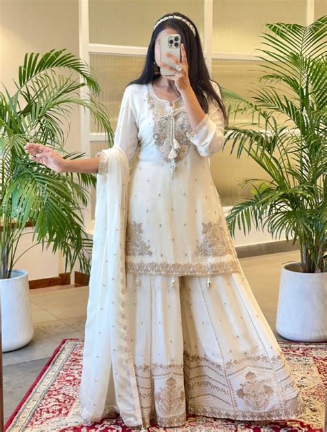 Sublime White Color Chinnon Silk Embroidery Work Salwar Suit