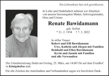 Traueranzeigen Von Renate Bawidamann Trauerportal Ihrer Tageszeitung