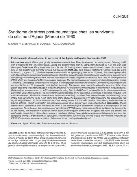 PDF Syndrome de stress post traumatique chez les survivants du séisme