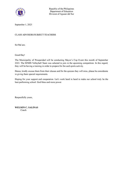 Excuse Letter For Athletes Department Of Education Division Of Agusan